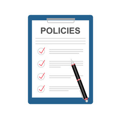 Policies document, Contract paper illustration. Business policy document concept vector illustration. Insurance policies. Regulation concept list document company clipboard and folder.