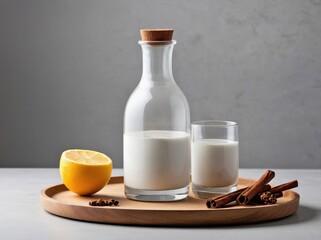 A glass of of milk and bottle with cinnamon stick.