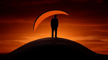 Solitary Figure at Eclipse: A man stands silhouetted against a dramatic, fiery sunset, a partial eclipse forming an ominous arc above him. The image evokes themes of contemplation, mystery.