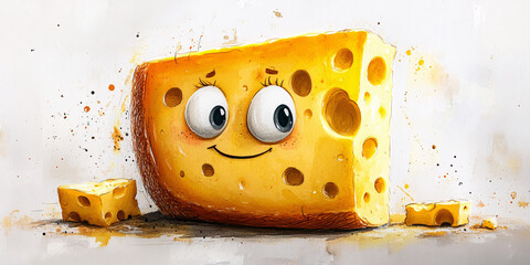 A cheerful cartoon cheese block with big eyes and a happy smile.