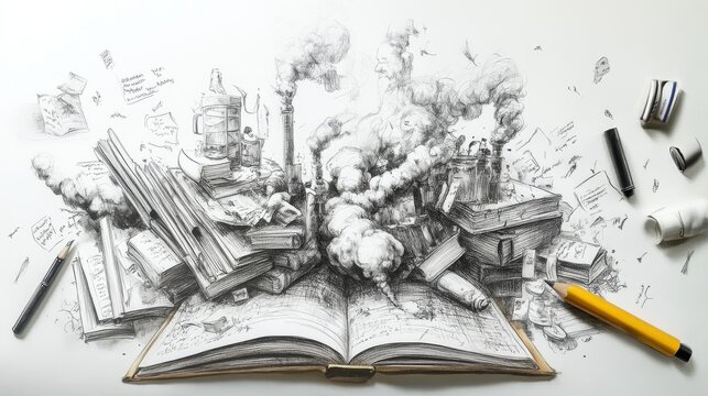 Intricate education-themed sketch illustration featuring detailed chalkboard-style drawings of mathematical formulas, scientific diagrams, and creative learning elements, perfect for academic concepts