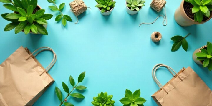 Eco-Friendly Shopping Sustainable Packaging and Greenery on a Light Blue Background