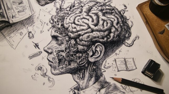 Intricate education-themed sketch illustration featuring detailed chalkboard-style drawings of mathematical formulas, scientific diagrams, and creative learning elements, perfect for academic concepts