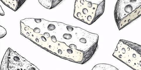 Hand-drawn illustration showcasing various types of cheese,