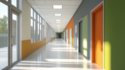 Wide corridor in a modern school featuring lockers on both sides, bright natural lighting through large windows, and colorful hallway decorations for a welcoming and educational atmosphere


