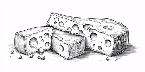 Pen and ink illustration of three pieces of swiss cheese,