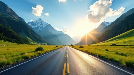 Naklejka premium Asphalt road leading towards a majestic mountain range during a vibrant sunset