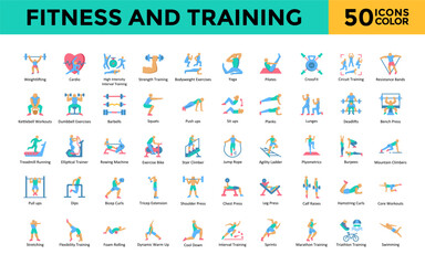 Fitness and Training icon set with weightlifting, cardio, high intensity interval training, strength training, bodyweight exercises, yoga, pilates, crossfit icon. Simple flat color vector 
