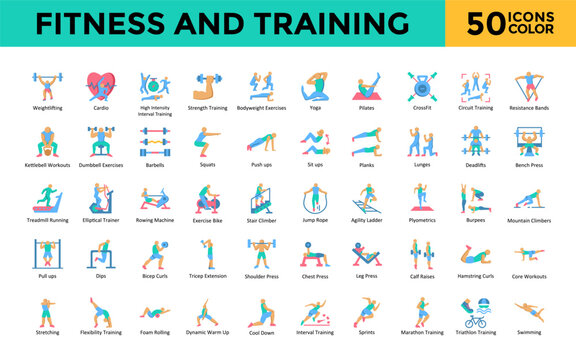 Fitness and Training icon set with weightlifting, cardio, high intensity interval training, strength training, bodyweight exercises, yoga, pilates, crossfit icon. Simple flat color vector 

