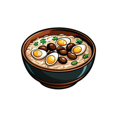 Create a realistic vector illustration of a steaming bowl of congee, showcasing its smooth texture and subtle color variations. Include a single garnish (1).