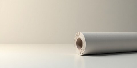 A rolled bolt of off-white canvas fabric rests on a minimalist surface