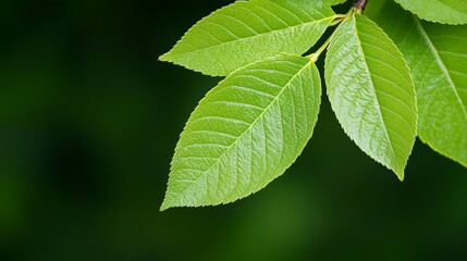 Vibrant Green Leaves: Close-up of three lush, vibrant green leaves on a branch, set against a blurred dark green background.  The image evokes a sense of freshness and natural beauty. 