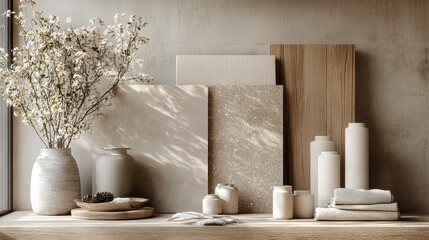 Realistic material board with travertine, cool-toned wood, cream fabric, and neutral colors, offering a sophisticated and balanced design ideal for interior decor, architecture, and home styling.