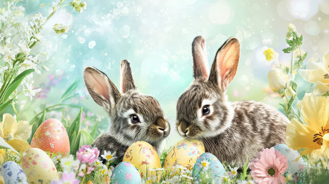 A cute and colorful Easter card featuring playful bunnies and vibrant spring flowers, designed with ample blank space for personal Easter greetings and heartfelt messages.
