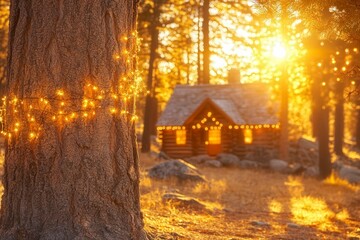 Cozy Cabin in Forest with Golden Sunset Glow