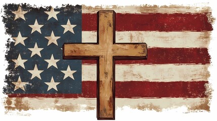 Vintage cross with American flag design clipart on a white background, creating a patriotic and nostalgic look