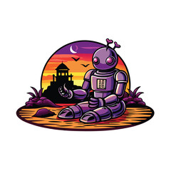 Fototapeta premium A friendly robot sits on a sunny beach meticulously building an elaborate sandcastle, showcasing its dexterity and gentle nature.