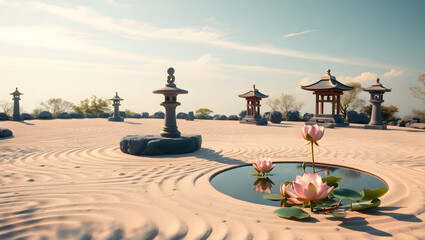 Zen garden set against a soft, creamy blue sky with a few wispy clouds, featuring meticulously raked sand in intricate patterns, several stone lanterns of varying sizes and shapes strategically placed