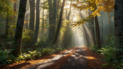 tranquil forest pathway lined with tall trees and dappled sunlight breaking through the leaves