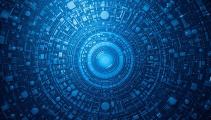 Futuristic, deep blue technology tunnel with concentric circles