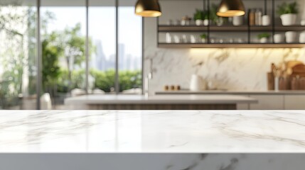 Empty white marble table top with blurred kitchen background and bokeh light for product display mockup or design montage