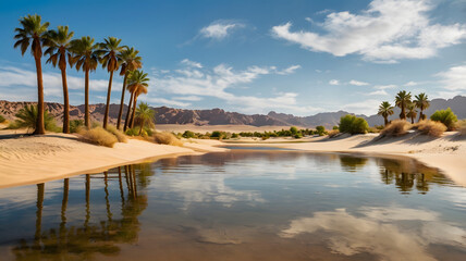 panoramic scene of a desert oasis surrounded by golden sand dunes