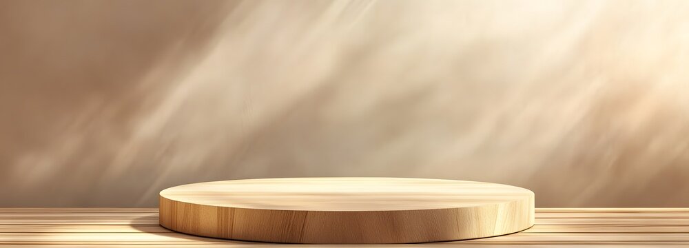 A wooden podium with a natural finish, featuring a spacious empty area for display, set against a warm beige background.