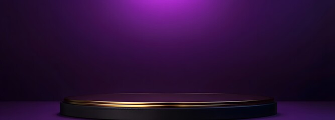Obraz premium A black podium with gold accents and an empty space for product placement, set against a deep purple background.