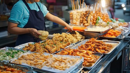 Street food vendor selling seafood and fried snacks.