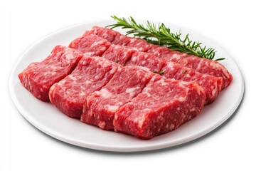 Raw beef steaks arranged on a white plate with rosemary