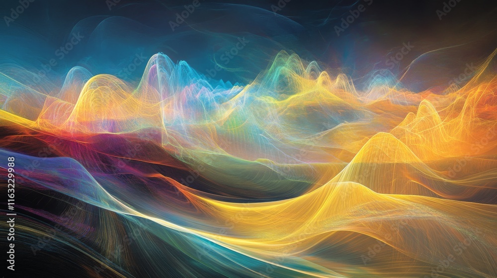 Poster An abstract representation of Wi-Fi signals in a colorful digital landscape, with vibrant lines and shapes symbolizing the flow of data and connectivity.