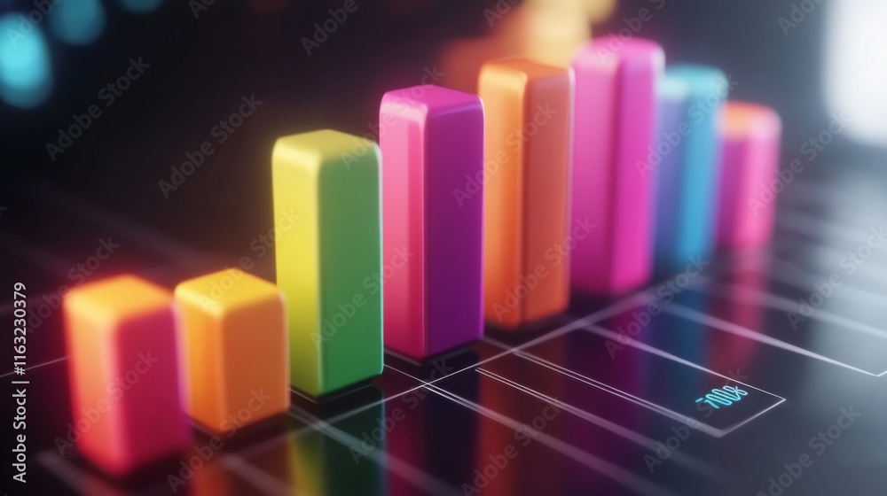 Fototapete A D bar chart in vibrant colors representing financial growth, with glowing data points and a futuristic digital background in a business setting.