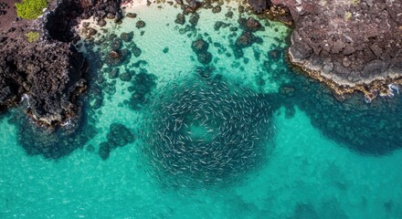 Fototapeta premium Aerial view of fish swarm in crystal clear waters near rocky coastline
