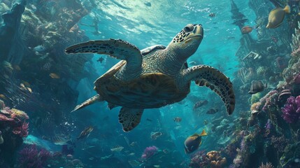 Fototapeta premium An underwater shot of a sea turtle interacting with a vibrant school of fish, showcasing the harmony of marine life and the beauty of ocean ecosystems.