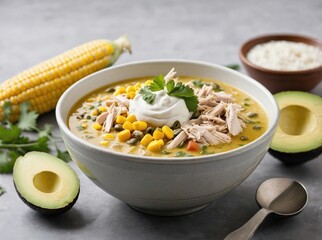 A bowl of Ajiaco presented on a clean white surface.