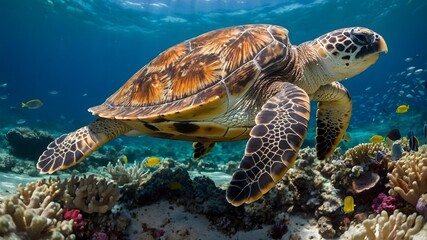 Fototapeta premium Quiet Depths: A Loggerhead Turtle’s Refuge Beneath the Waves