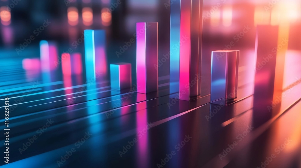 Leinwandbilder A close-up of a D bar chart showing business growth and financial trends, with a dark gradient background and reflective surfaces for a sleek look.
