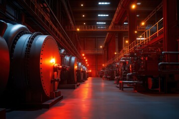 Fototapeta premium Industrial power plant interior with large machinery. Red lighting highlights complex equipment, pipes. Dimly lit interior evokes atmosphere of heat, power generation. Massive tech systems operate