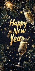 2025 New Year's card with golden numbers "Happy New Year" and champagne glasses on a black background