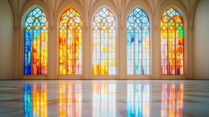 Obraz premium Colorful stained glass windows reflect vibrant patterns on polished floor. Intricate designs illuminate church interior. Sunlight streams through gothic windows. Decorative elements, symmetry create