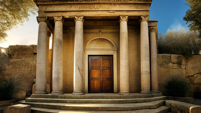 Brightly church with cross on the roof. Happy Easter concept