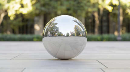 Reflective Sphere in Nature: A perfectly round metallic sphere sits on a stone pathway, its shiny surface reflecting the vibrant greenery of a nearby park.  The blurred background adds a dreamy.