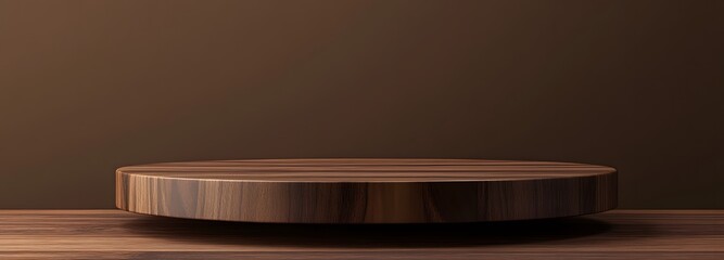 A dark walnut podium with a natural texture and an empty display area, set against a neutral brown background.