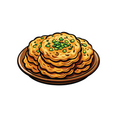 Create a vibrant vector illustration of a delicious plate of scallion pancakes, showing texture and detail.  Include sesame seeds and a slight sheen.