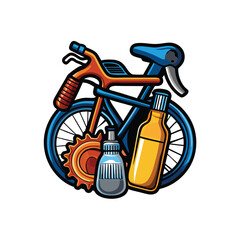 Create a vibrant vector illustration of a comprehensive bicycle cleaning kit, showcasing all tools neatly arranged.  Include brushes, sponges, degreaser, and microfiber cloths.