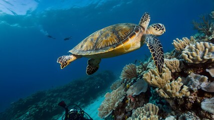 Obraz premium Tranquil Meeting: A Loggerhead Turtle and Diver Beneath the Waves