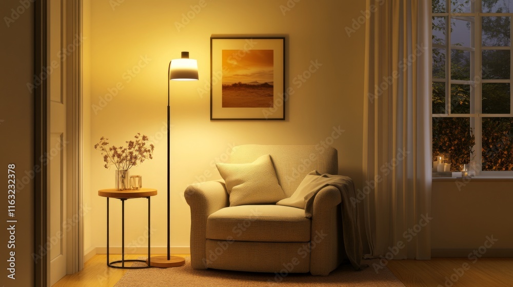 Poster a cozy corner of a living room with a comfy armchair, a small side table, and a floor lamp, creating