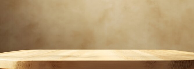 A natural wood podium with a matte finish and an empty space for product display, set against a beige gradient backdrop.