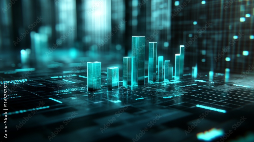Poster a detailed d financial bar graph with rising bars in blue and green tones, set against a modern digi