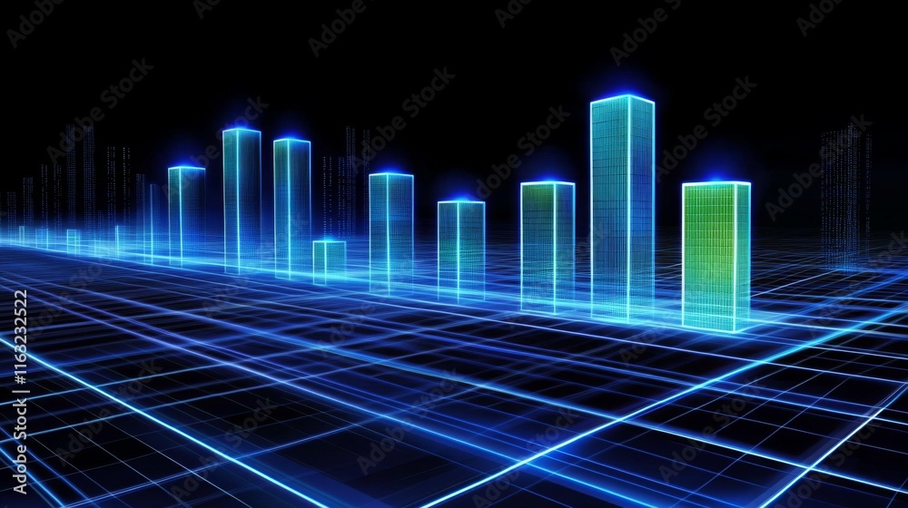 Aufkleber a detailed d financial bar graph with rising bars in blue and green tones, set against a modern digi